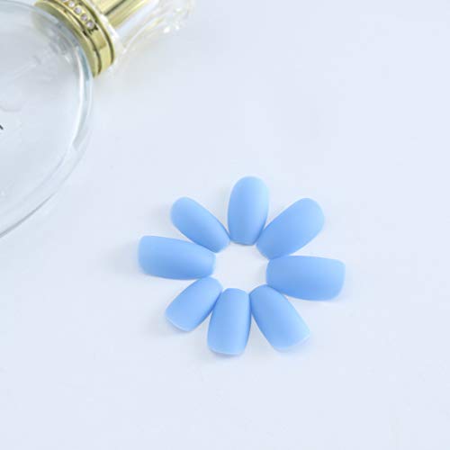 Yalice 24Pcs Matte False Nails Full Cover Long Coffin Fake Nails French Art Clip on Nail for Women and Girl (Blue)