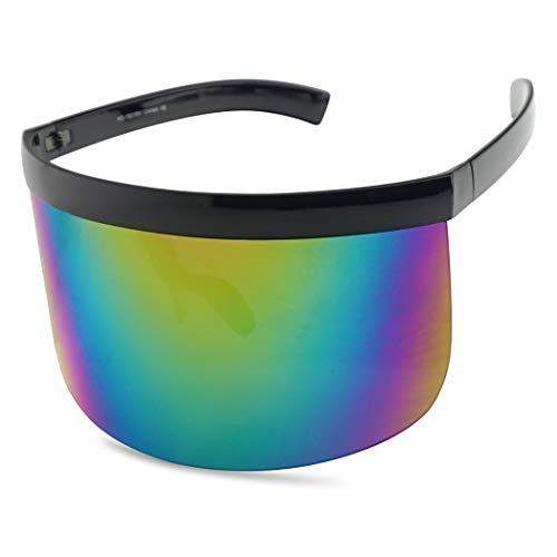 Matte Black Retro Futuristic Single Shield Color Oversized Visor Sunglasses (Matte Black, Fire Red Mirror) - Thumbnail 4