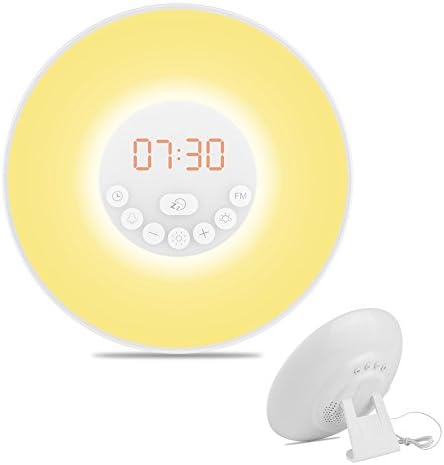 Sunrise Alarm Clock with Snooze,Eliubing Multifunctional Wake Up Light with 7 Nature Colors,Atmosphere Lamp, FM Radio, Touch Control and USB Charger,Bedside Lamp,(Porcelain White)