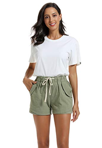 NEWFANGLE Women’s Cotton Linen Causal Shorts Comfy Beach Short Drawstring Elastic Waist Shorts,Green,S
