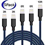 iPhone Charger, MFi Certified Lightning Cable 5 Pack [3/3/6/6/10FT] Extra Long Nylon Braided USB Charging&Syncing Cord Compatible with iPhone 8/8Plus/7/7Plus/X/XS Max/XS/XR/6S/6S Plus/SE (Black&Blue)