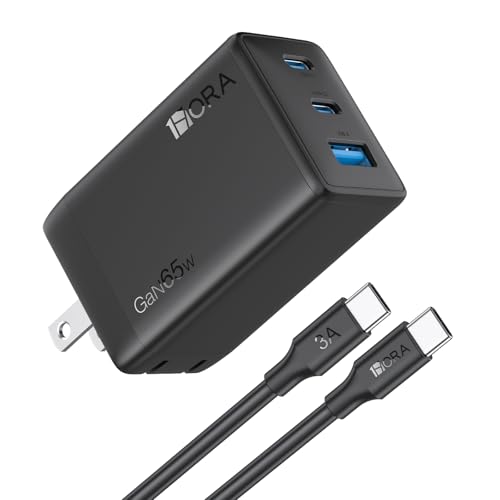 1 Hora 65W Cargador Tipo C GAN de 3 Puertos con Cable USB C 65W 2M, Cargador Carga Rapida USB C Plegable, Compatible con MacBook Pro/Air, IP 17 16 15 Pro MAX, Galaxy S23 S22, Google Pixel 7, iPad Pro