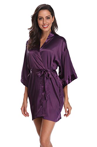 Women's Silky Bride Bridesmaid Kimono Robes Short Wedding Party Getting Ready Robe Dressing Gown with Gold Glitter, Bridesmaid DeepPurple L - Thumbnail 2