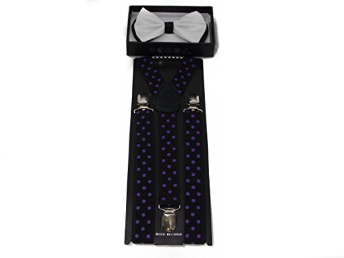 White with Black Accent Bow Tie and Purple Polkadot Suspender
