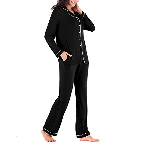 Pajamas Set for Womens 2 Piece Nightwear Long Sleeve Button Down Sleepwear Soft Pjs Black XXL