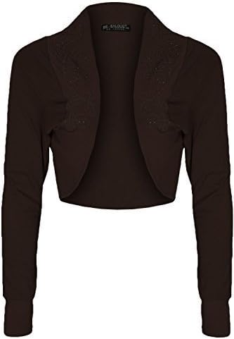 Womens Ladies Diamantes Bead Stud Stretchy Cotton Bolero Cardigan Shrug Crop Top