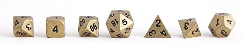 Forged Dice Co. Metal Polyhedral Dice (Set of 7 Polyhedral w/Tin, Ancient Gold w/Black Numbers Set of 7 Polyhedral w/Tin)