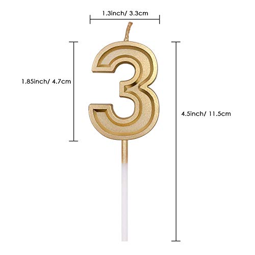 URAQT Birthday Candles Numbers, Gold Glitter Birthday Numeral Candles for Birthdays, Weddings, Reunions, Theme Party, Number 3
