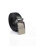 Mens Genuine Leather Dress Belt - Automatic Sliding Buckle Ratchet Adjustable Track Belt, Platinum Hanger