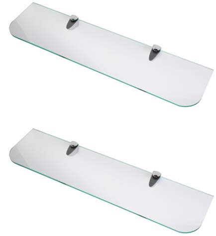 6mm Thick Toughened Glass Shelves With Curved Corners and Large Chrome Finish Shelf Supports 600mm (24” approx) and 500mm (20” approx) Black, White and Clear (600mm x 150mm, Clear 2 Shelves)