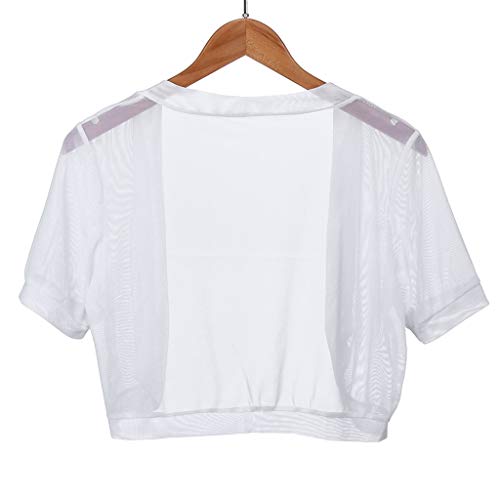 Summer Womens Tops Semi Sheer Short Sleeve Corp T-Shirt Chiffon Solid Basic Shrug Open Front Bolero Cardigan Tops White