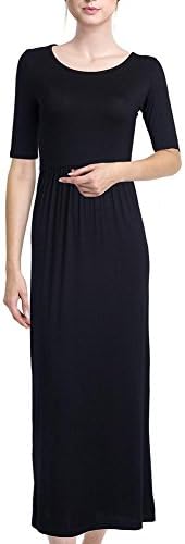 OpenBeauty Women's 3/4 Sleeve Solid with Elastic Waistband Long Maxi Dress (L, Black)