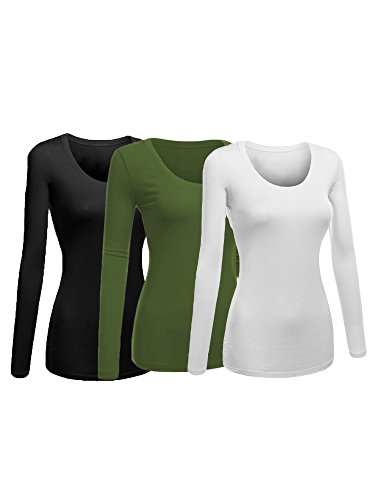 Emmalise Women's Plain Basic Scoop Neck Long Sleeve Tshirt Tee - 3Pk - Black, Olive, White, L