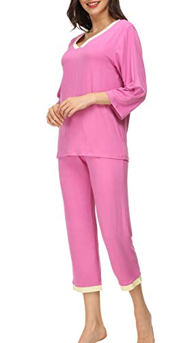 Invug Women 3/4 Long Sleeve Shirt Pants Set Sleepwear V Neck Long Pajamas Loungewear ROSEO S