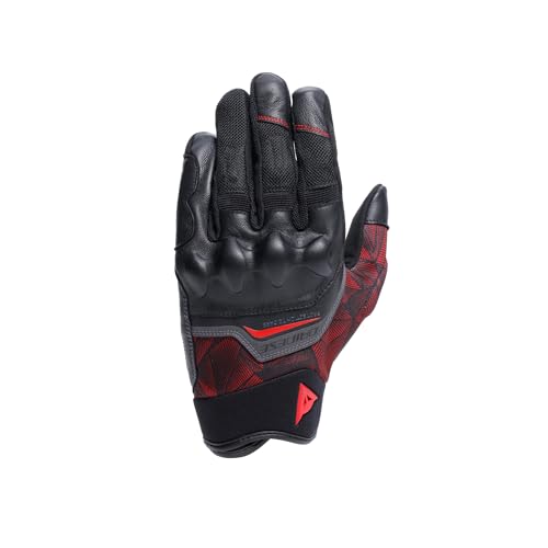 DAINESE - Ermex Gloves, Summer Motorcycle Gloves, Breathable with Mesh Inserts, Rigid Knuckle Protectors, Leather Reinforcements, Touchscreen, L, Black and Lava Red