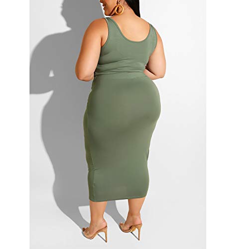Womens Sexy Plus Size Two Piece Outfits - Floral Print Tank Tops + Belted Summer Bodycon Long Dresses Skirts Set Army Green Solid 3XL
