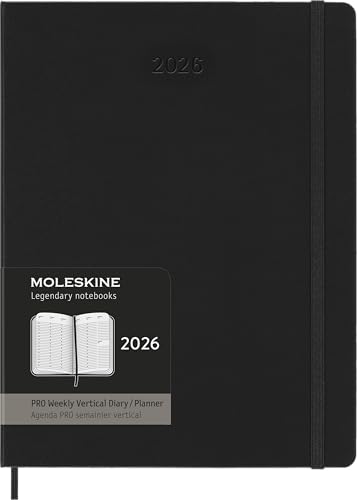 Moleskine Weekly Planner, Vertical Pro Weekly Agenda 12 Months 2025, Hard Cover and Elastic Closure, Black Color, Extra Large Size 19x25 cm