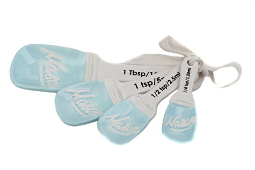 Blue Ceramic Mason Jar Measuring Spoons - Set of 4 Spoons with Cotton Ribbon Tie | Measuring Dry & Liquid Ingredients | Rustic Farmhouse Kitchen Decor | Cooking and Baking Supplies by Goodscious