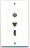 RiteAV Decorative 1 Gang Wall Plate (White/White) 3 Port - Coax (White) Cat6 (White) HDMI (White)