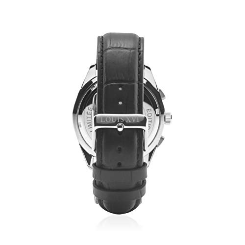 LOUIS-XVI-Herren-Armbanduhr-Varennes-Silber-Schwarz-Chronograph-Analog-Quarz-echtes-Leder-Schwarz-918