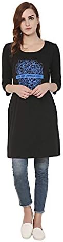 TRAZO Printed Round Neck Thigh Length Slit Full Sleeve Cotton T Shirts for Women in Black