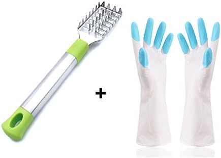 Wiliboat Fish Scale Remover Peeler Fish Cleaning Board Stainless Steel with Rubber Household Gloves