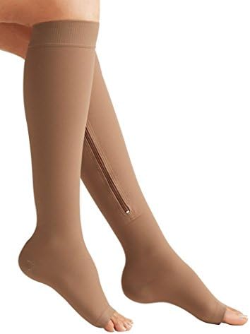 CoolDi Zippered Compression Knee Socks Supports Stockings Leg Open Toe 10mmHg Zipper (Complexion, XXL/XXXL)