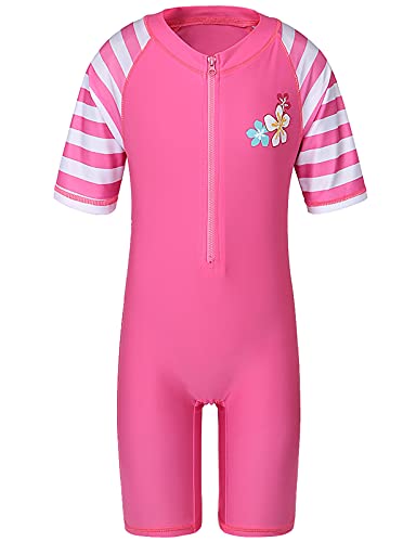 TFJH E Girls Bathing Suit Short Sleeve Swimsuit for Girls One Piece Swimwear, Pink Stripe 6A at Amazon