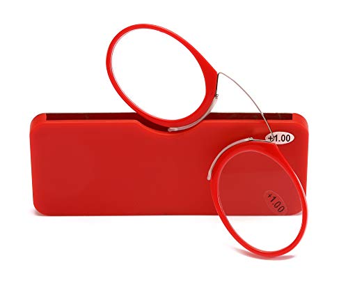 SOOLALA Women Men Go Everywhere SOS Pince Nez Style Nose Resting Pinching Portable Wallet Reading Glasses, Red, 2.5x