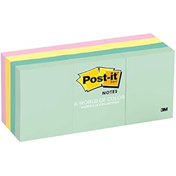 Post-it Notes, America's #1 Favorite Sticky Note, 1 3/8 in x 1 7/8 in, Marseille Collection, 12 Pads/Pack (653-AST)