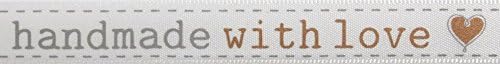 Celebrate 12mm Handmade with Love Satin Print Ribbon Gold & Light Grey - per 4 metre roll