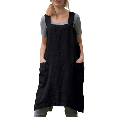 Dianinfa Cotton Linen Cross Back Pinafore Dress