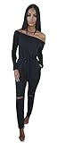 Longwu Women's Fashion off-Shoulder Drawstring Jumpsuits Rompers Knee Hole Pants Black-L