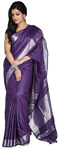Purple Linen Saree For Women With Blouse Piece