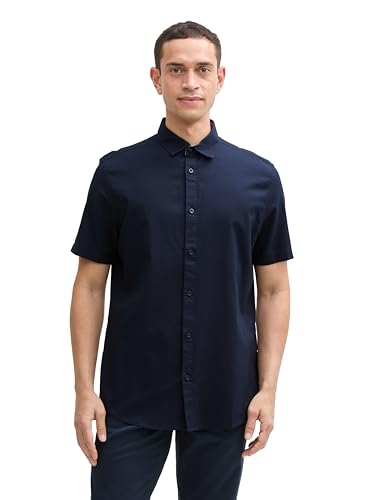 TOM TAILOR Camicia a Maniche Corte da Uomo in Cotone, 10668 - Sky Captain Blue, S