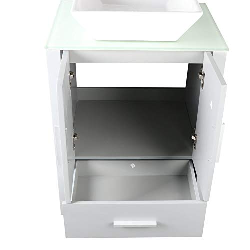 24" Grey Bathroom Vanity Cabinet and Sink Combo Glass Top MDF Wood w/Sink Faucet &Drain set - Thumbnail 6