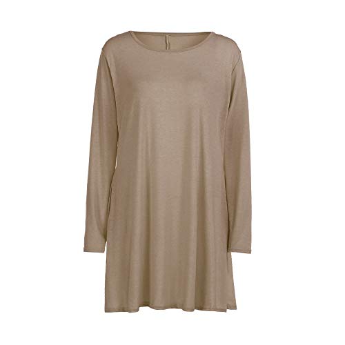 Women's Long Sleeve Pocket Casual Loose T-Shirt Dress Solid Loose Dress Khaki