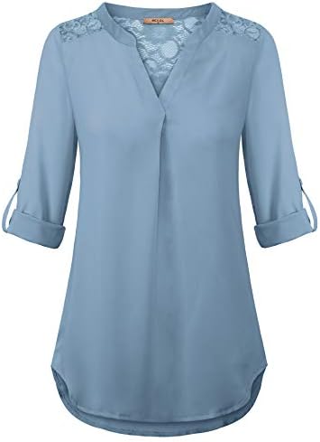 MCKOL Women's 3/4 Sleeve V Neck Chiffon Floral Lace Blouse Casual Shirt for Work