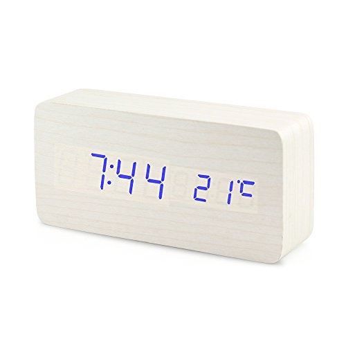 Oct17 Wooden Digital Alarm Clock, LED Light Displays Time Date Week and Temperature, Voice Control Desk Alarm Clock for Kid, Home, Office, Daily Life, Heavy Sleepers - White