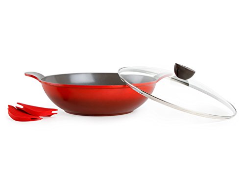 Wok with Glass Lid - Two-Handled, 14-inch Ceramic Nonstick in Red by Neoflam