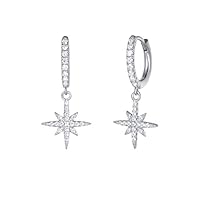 Carleen White Gold Plated 925 Sterling Silver CZ Cubic Zirconia Simulated Diamond Star Starburst Compass Dangle Small Drop Hoop Earrings For Women Girls