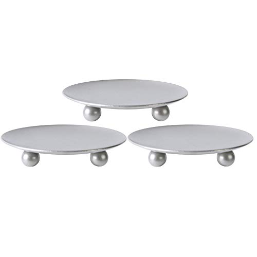Scwhousi Silver Iron Plate Candle Holder, Decorative Iron Pillar Candle Holder, Set of 3,Candle Stand for Wax Candles
