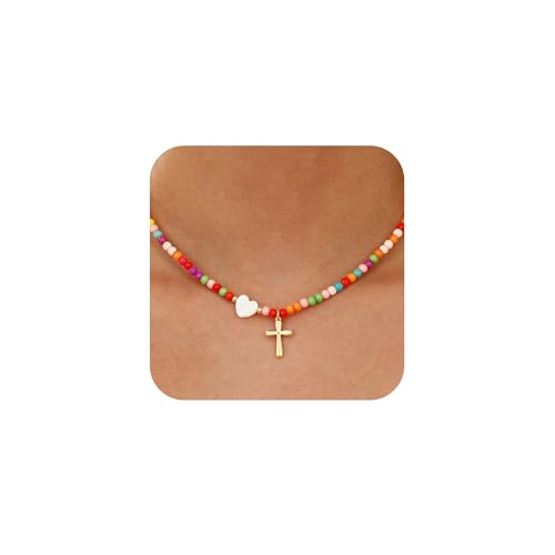 Lydow Christmas Gifts for Grandkids Teens Girls，Colorful Beaded Cross Necklace for Girl Women 18K Gold Plated Pendant Baptism Christian Religious Catholic Jewelry Gifts for Teen Girl 15+2 Inches