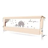 BABY BBZ 59inch Bed Rail - Single Foldable Safety Bedrail with Ventilated Mesh for Toddlers - Queen Size Bed Guard for Kids - Elephant Print - Safe Sleep (Beige Color)