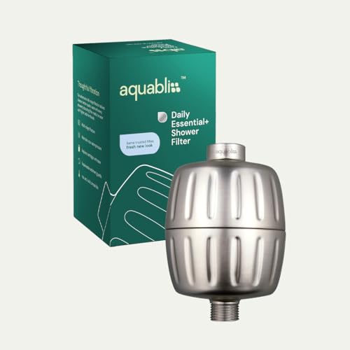 Aquabliss SF500 Daily Essential+ Shower Filter - Brushed Nickel | Heavy-duty shower filter, coconut shell carbon, reduces chlorine and sediment, sediment guards included, SF500