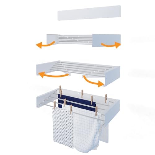 Hot Flow Glide Foldable Wall Mounted Clothes Rack, Retractable Clothes Drying Rack. Sleek Design With 5 x 70cm Rods For 3.5m Of Hanging Line. Perfect For Saving Space. 20kg Capacity, 70cm, White