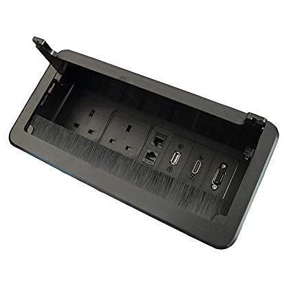 ZESHAN conference Table Power Socket Connectivity Box power extension with UK Plug, USB Data, HDMI, VGA, Telephone and Internet Black for home office desk