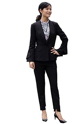 Petite Women Black Piece Slim Fit Pants Suit Flare-Sleeve Blazer