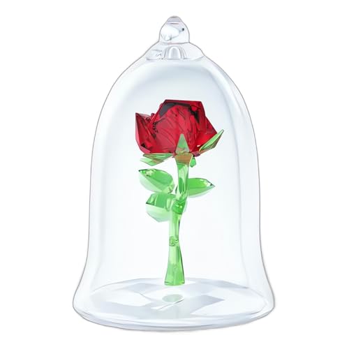 Swarovski Beauty and The Beast Enchanted Rose, Red and Green Crystal with Clear Base and Mouth-Blown Glass Bell Jar, Part of The Beauty and The Beast Collection
