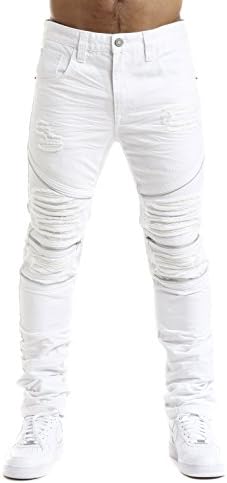 Smoke Rise Men's Slim Twill Biker Pants With Zipper and PU Backing